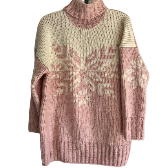J. Crew Pink Cream Snowflake Turtleneck Holiday Oversized Cozy Sweater Women's L - Picture 2 of 10